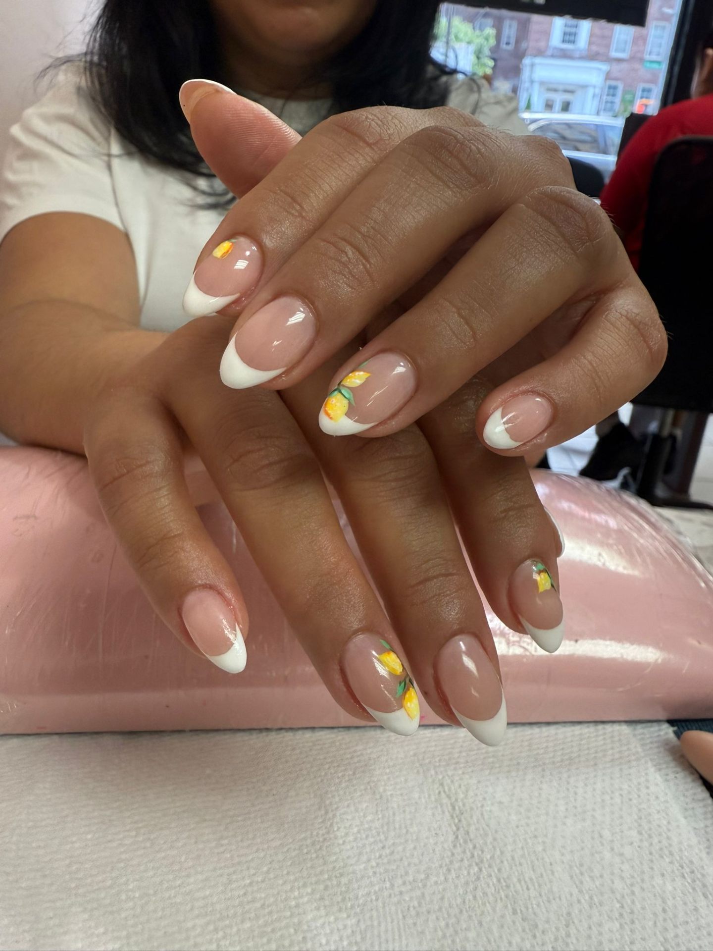 French tips with hand-painted lemon art