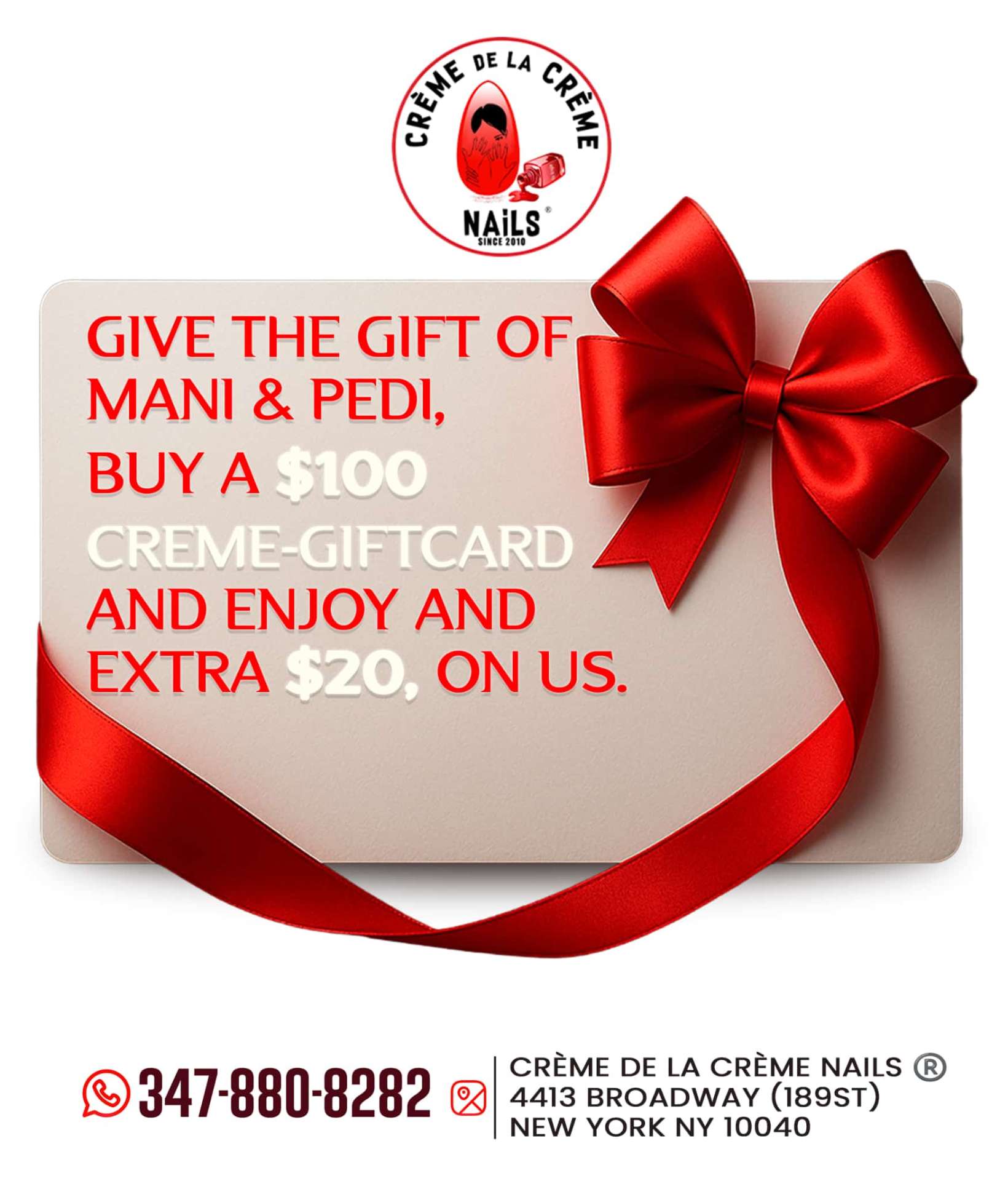 Crème de la Crème $100 gift card promotion — get an extra $20 free